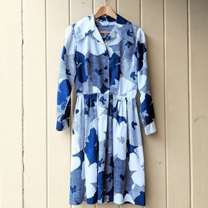 Vintage 1970s Navy Geometric Floral Cotton Dress